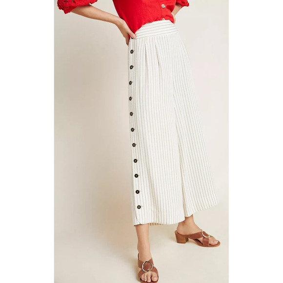 Anthropologie Pants - by Anthropologie Buttoned Wide Leg Pants Cream Stripe High Rise Ankle US Size 14